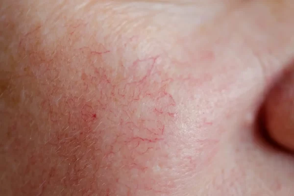 A close-up view of skin with visible fine, red spider veins and a slightly textured surface.